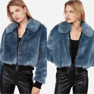 Women's Blue Faux Fur Bomber Jacket